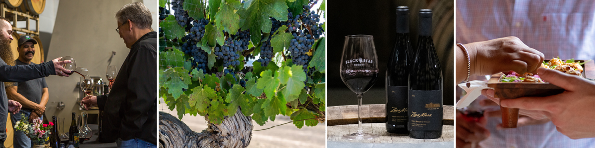 Photo of wine pouring in barrel room, photo of Syrah grapes, close up photo of wine and wine glass on barrel, photo of appetizer being offered by server