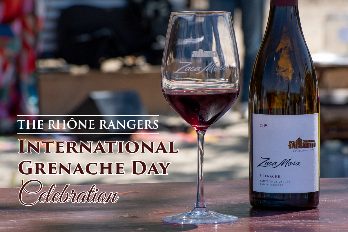 Photo of Grenache bottle and wine on table with title "Rhone Rangers International Grenache Day Celebration"
