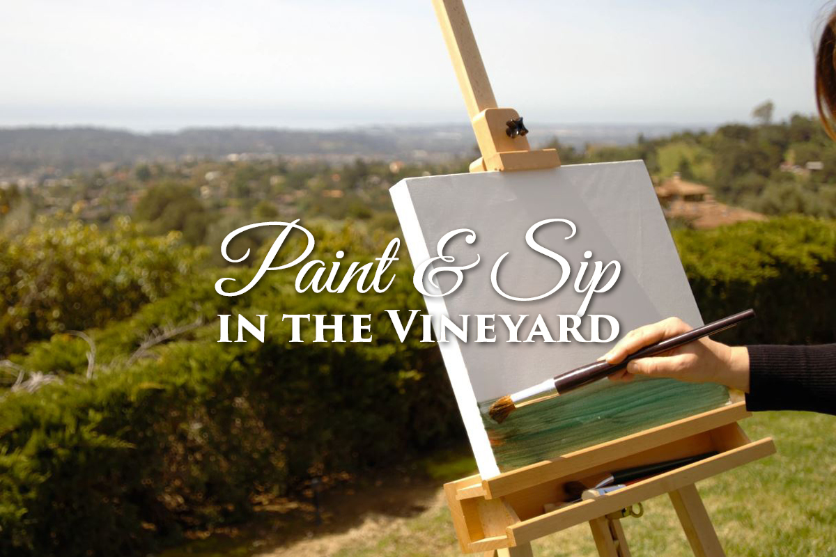 Easel on hilltop with some paint and titled Paint & Sip in the Vineyard