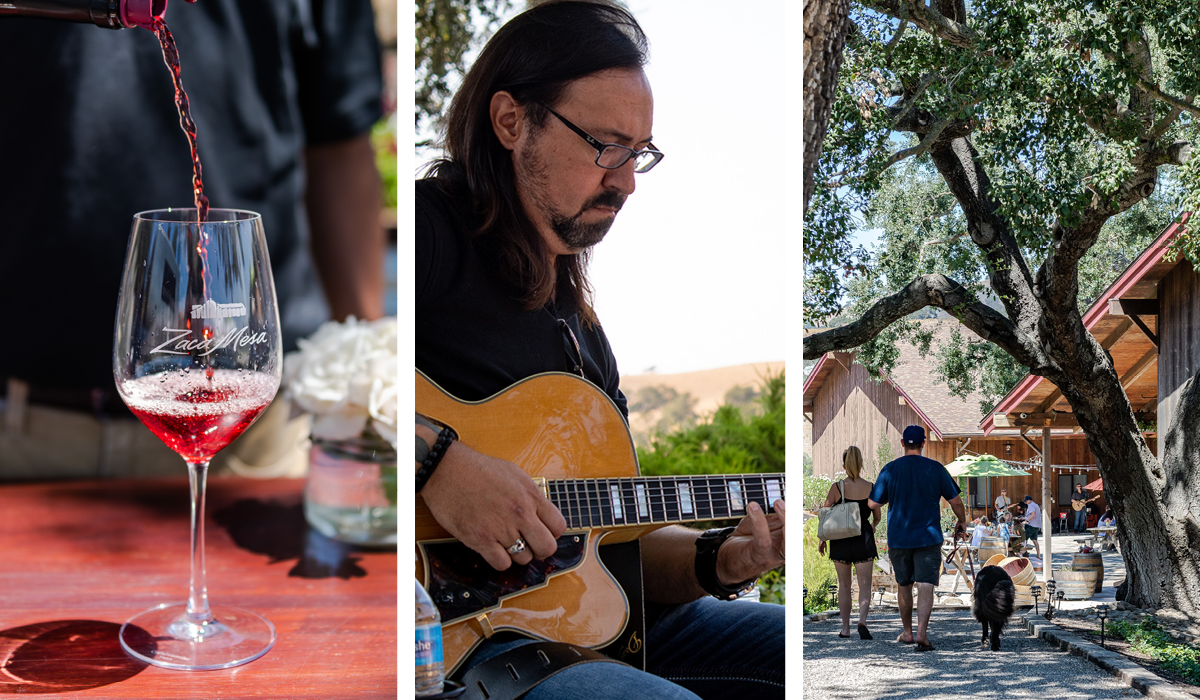 Glass of red wine being poured; Adrian Galysh playing guitar; couple and dog walking into tasting room courtyard