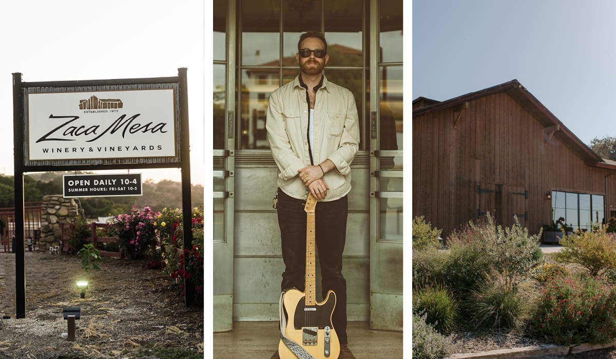 Zaca Mesa tasting room sign; Jacob Cole with guitar; winery barn