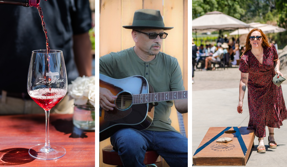 Glass of red wine being poured; Victor Valencia playing guitar; woman playing bag toss lawn game