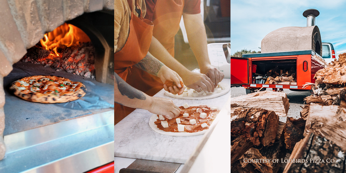 From left: Pizza in wood-fired oven, pizza being assembled by hand, oven interior with pile of wood adjacent